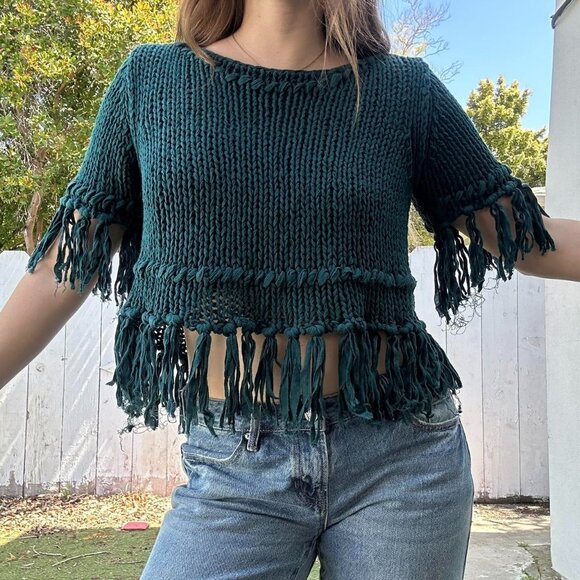 Free People Women's "On the Fringe" fringe Hem boho Knit Sweater Teal size small - Picture 1 of 8